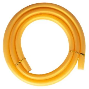 Coiled orange industrial hose on white background.